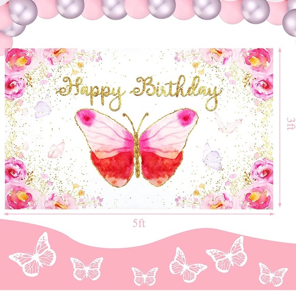 Butterfly Floral Happy Birthday Banner Party Sign & Glitter Cake Topper Set - Picture 1 of 3
